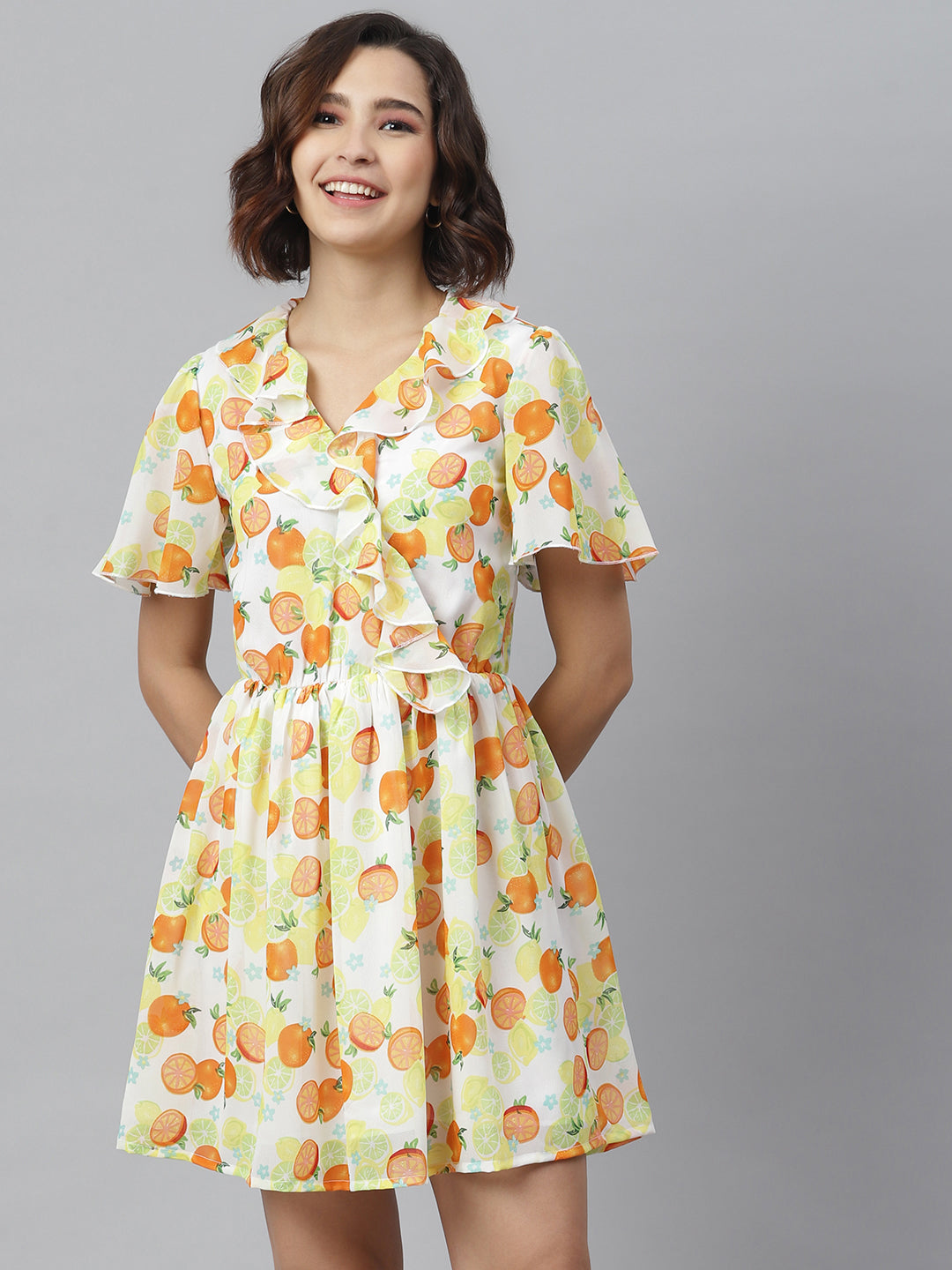 lemon print dress women Women's Fruit Print Dress with Ruffle