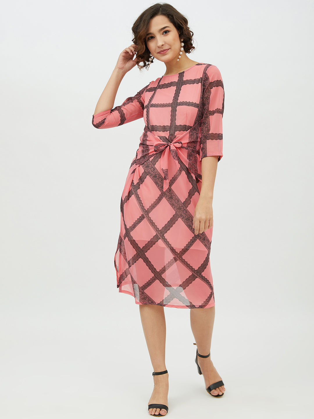 knee length dresses for ladies Hatley Floral Tie Knot Midi Dress Curve BLUE-PINK-CREAM / 1x by Sugarlips