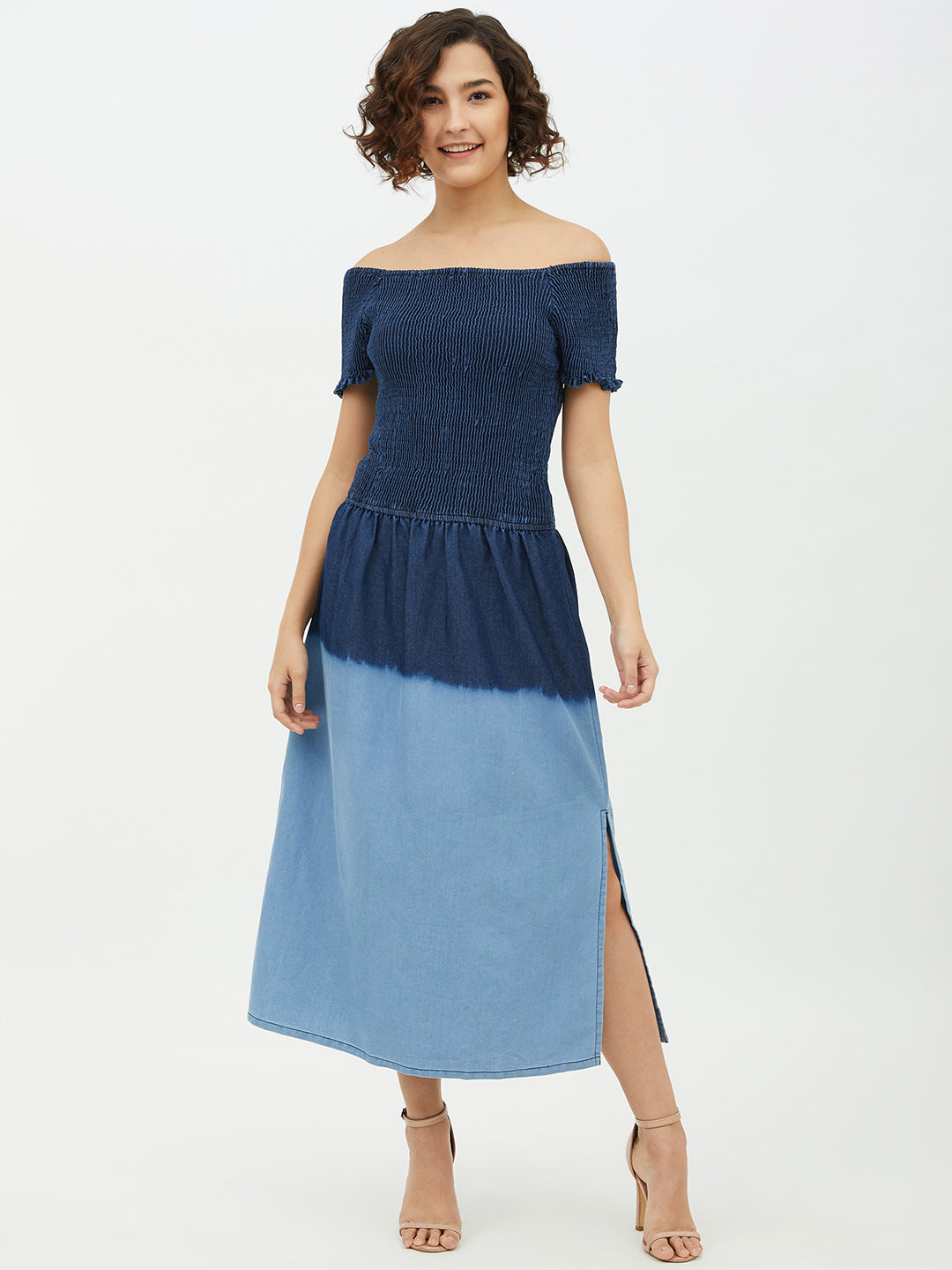Women's Denim Smocking Dress With Ombre Effect -Stylestone – Blackbeads