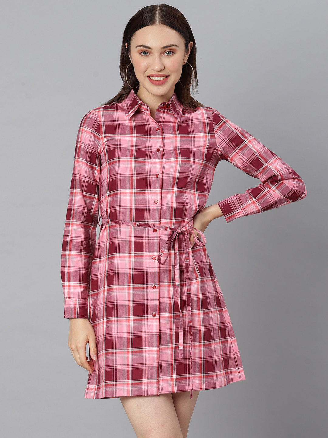 Women's Cotton Pink Check Shirt Dress - Stylestone Blackbeads Women's Cotton Pink Check Shirt Dress - Stylestone Blackbeads