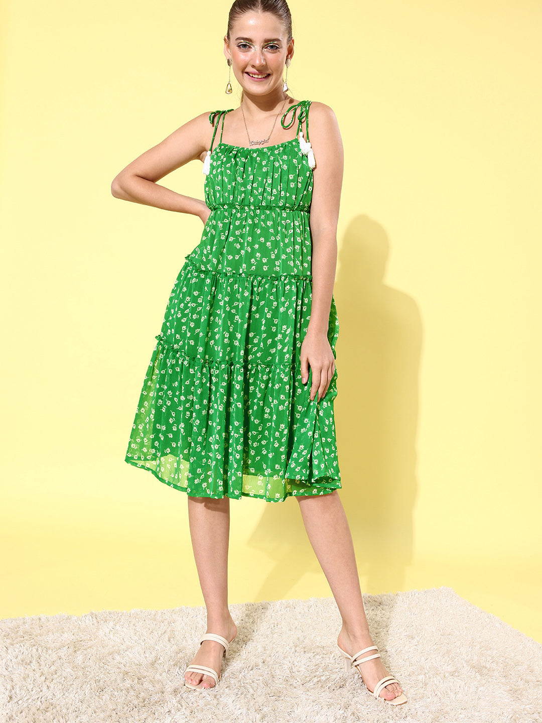 Women's Floral Tier Midi Dress with String Tie Ups- Green - StyleStone   Blackbeads