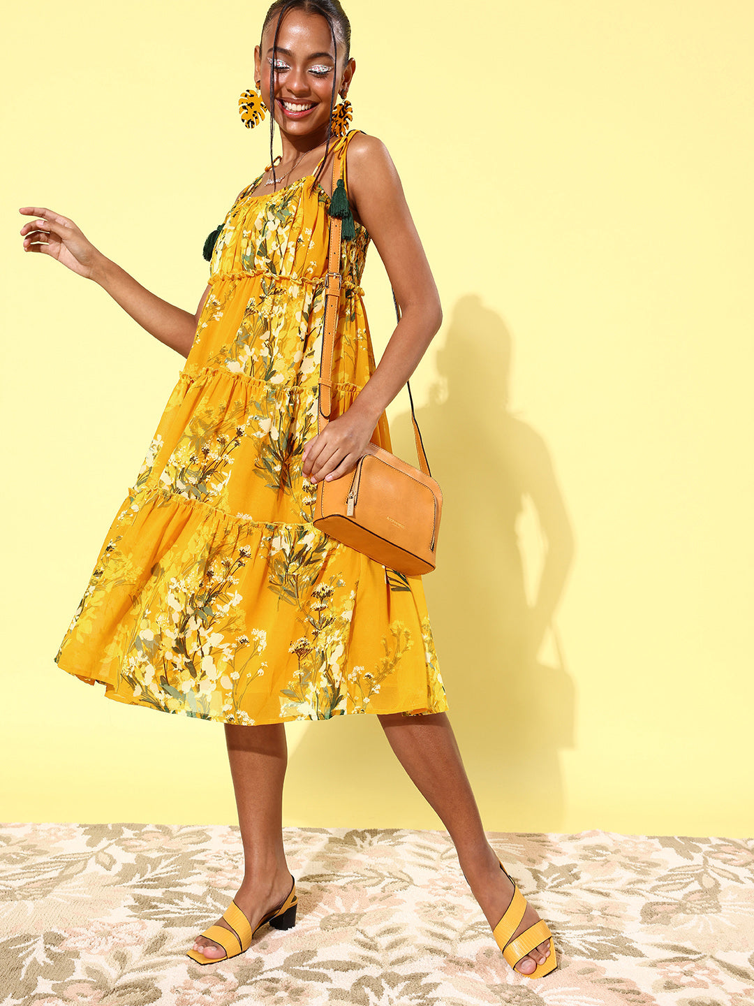 Women's Floral Tier Midi Dress with String Tie Ups- Yellow