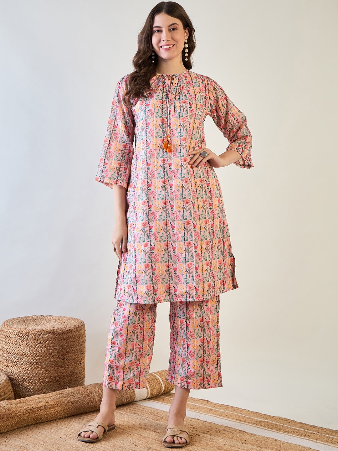 Sea Green Crepe Digital Printed Co-ord Set for Women | Flowy Kaftan Style | Summer Wear