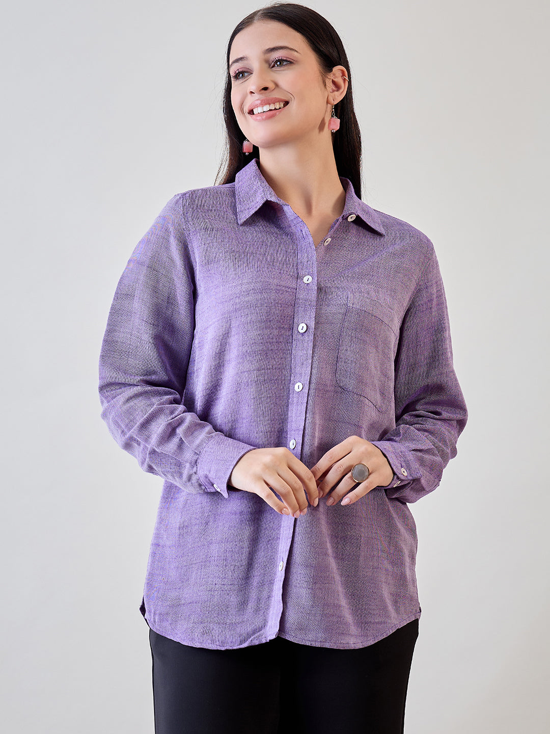 Women's Purple Linen Solid Plain Shirt Purple / L | Trendia Global Women's Purple Linen Solid Plain Shirt Purple / L | Trendia Global