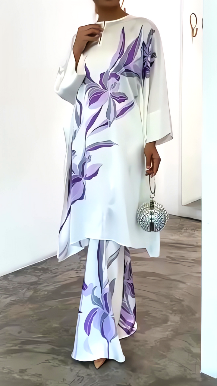 Women's White Satin Silk Floral Print Kaftan Set
