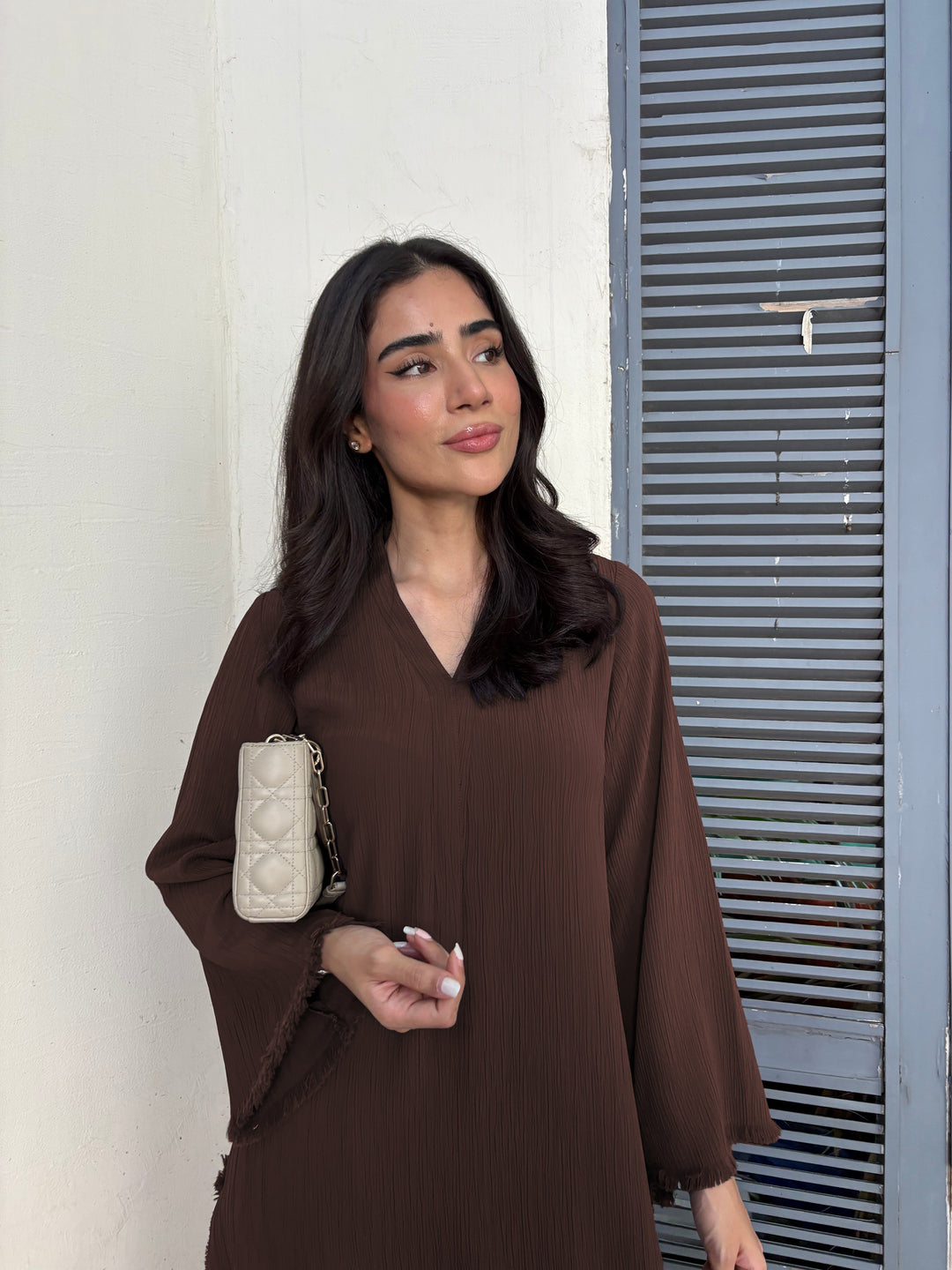 Women's Brown Wrinkle Free Premium Crush Crepe Fringe Detailing Co-Ord Set
