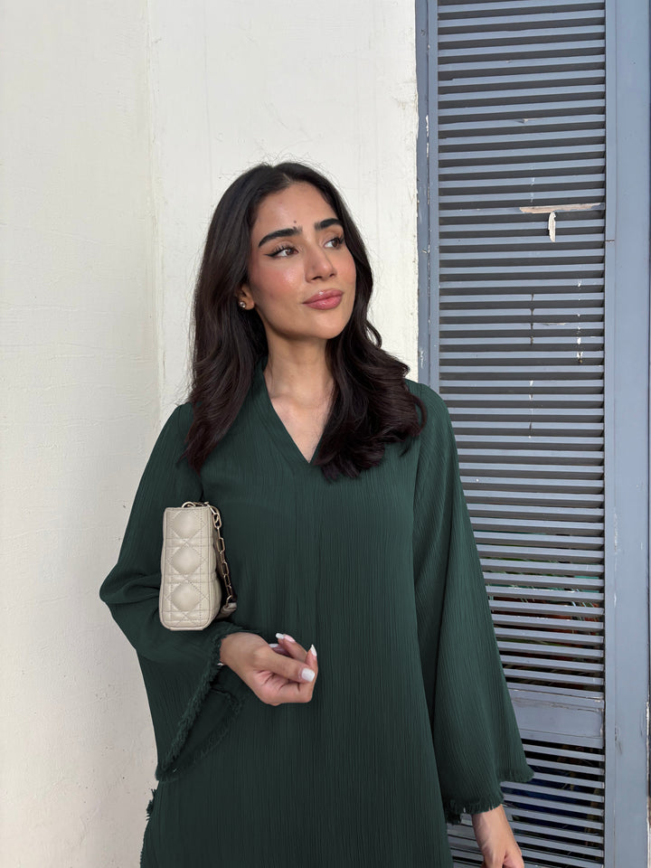 Women's Dark Green Wrinkle Free Premium Crush Crepe Fringe Detailing Co-Ord Set