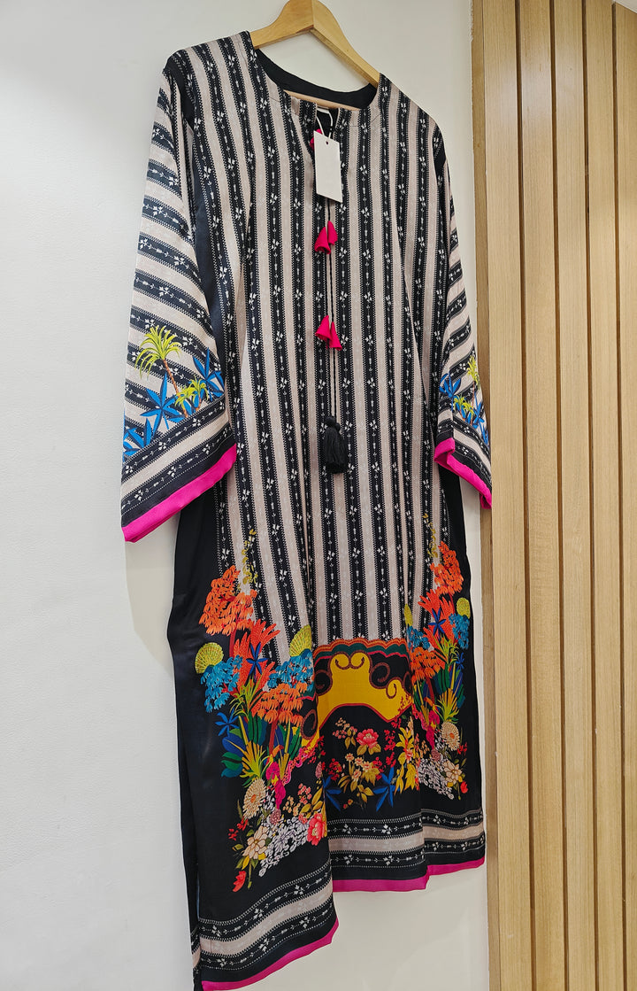 Women's White Monochrome Striped Kurti with Vibrant Floral Hem and Tassel Detail