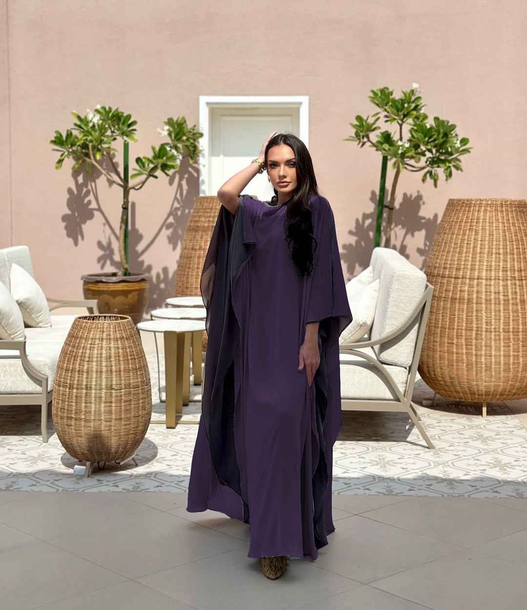 Women's Purple 2 Layer Georgette Chiffon Drapped Sleeves Kaftan