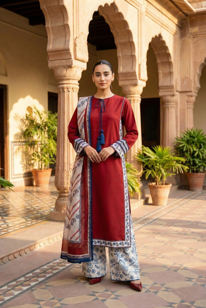 Women's Maroon Premium Soft Crepe Lace Work Kurta Set