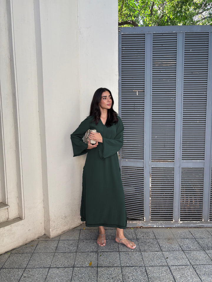 Women's Dark Green Wrinkle Free Premium Crush Crepe Fringe Detailing Co-Ord Set