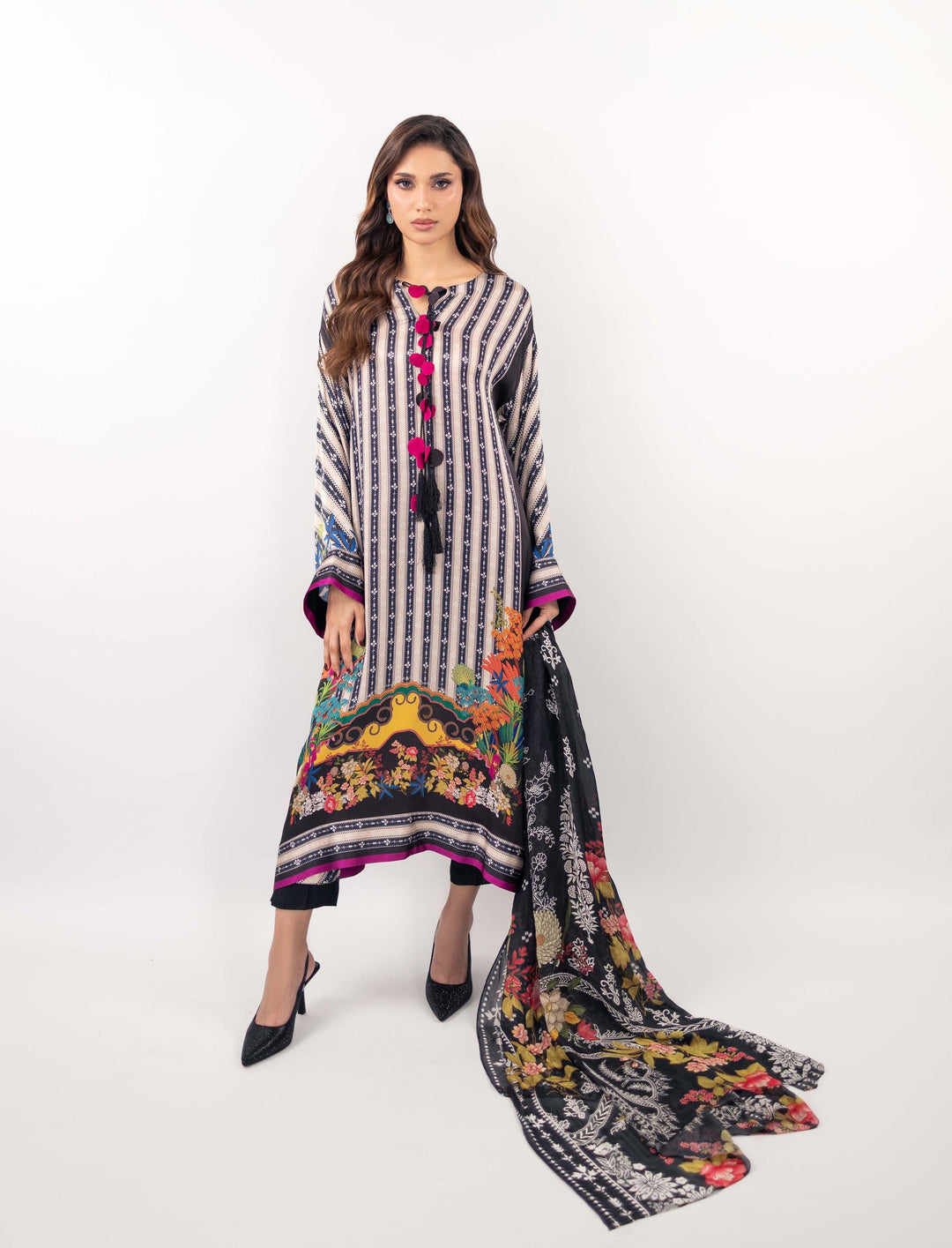 Women's White Monochrome Striped Kurti with Vibrant Floral Hem and Tassel Detail