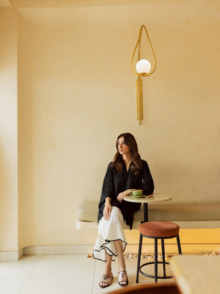 Women's Black & White 100% Natural Viscose Cotton Scallop Detailing Pant Kurta Set