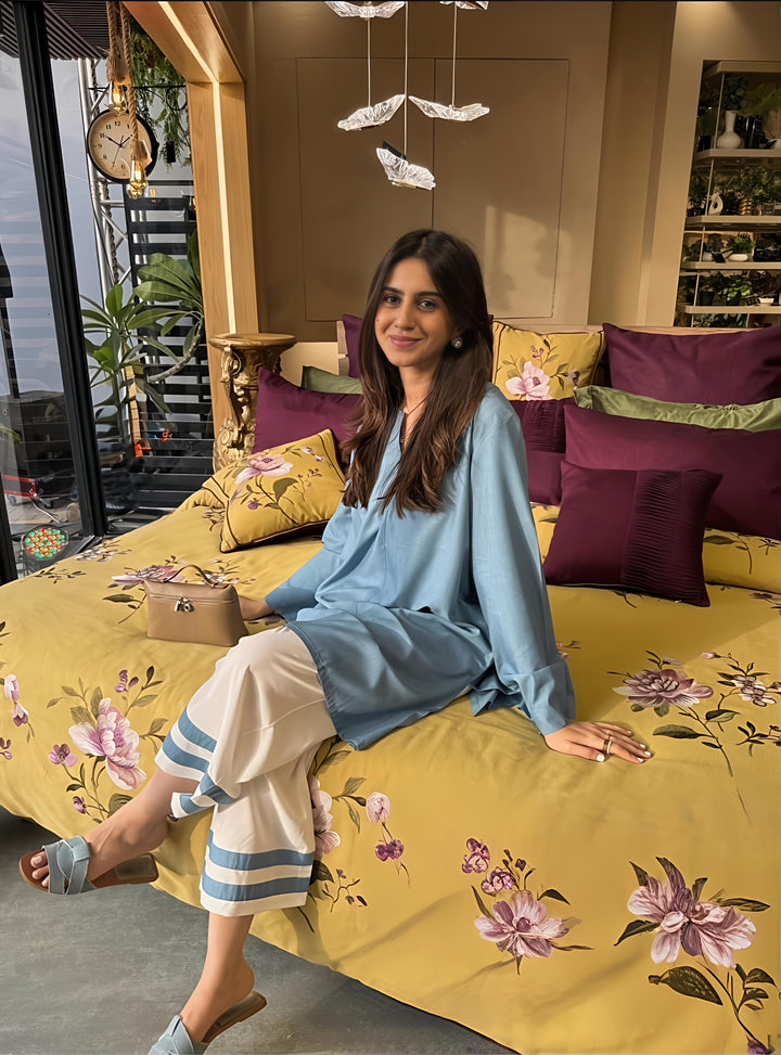 Women's Blue Silk Plain Tunic Set