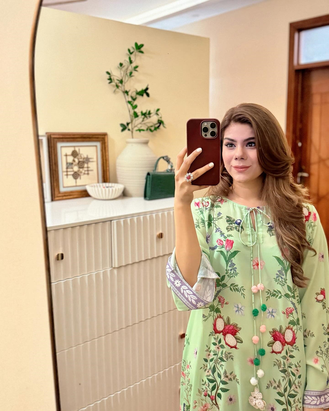 Women's Green Median Silk Crepe Floral Print Kaftan