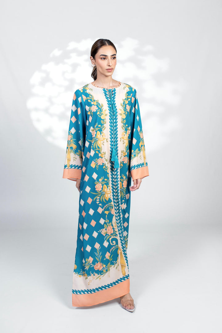 Women's Sky Blue Crepe Floral Print Kaftan
