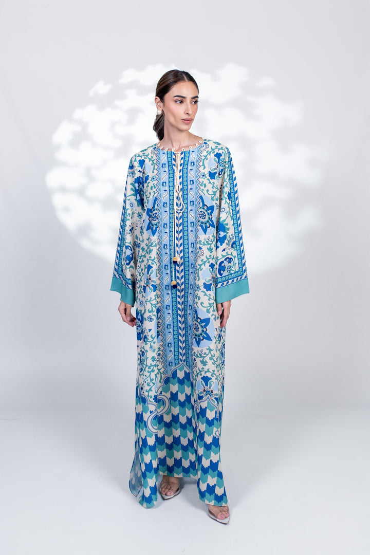 Women's Blue Crepe Floral Print Kaftan