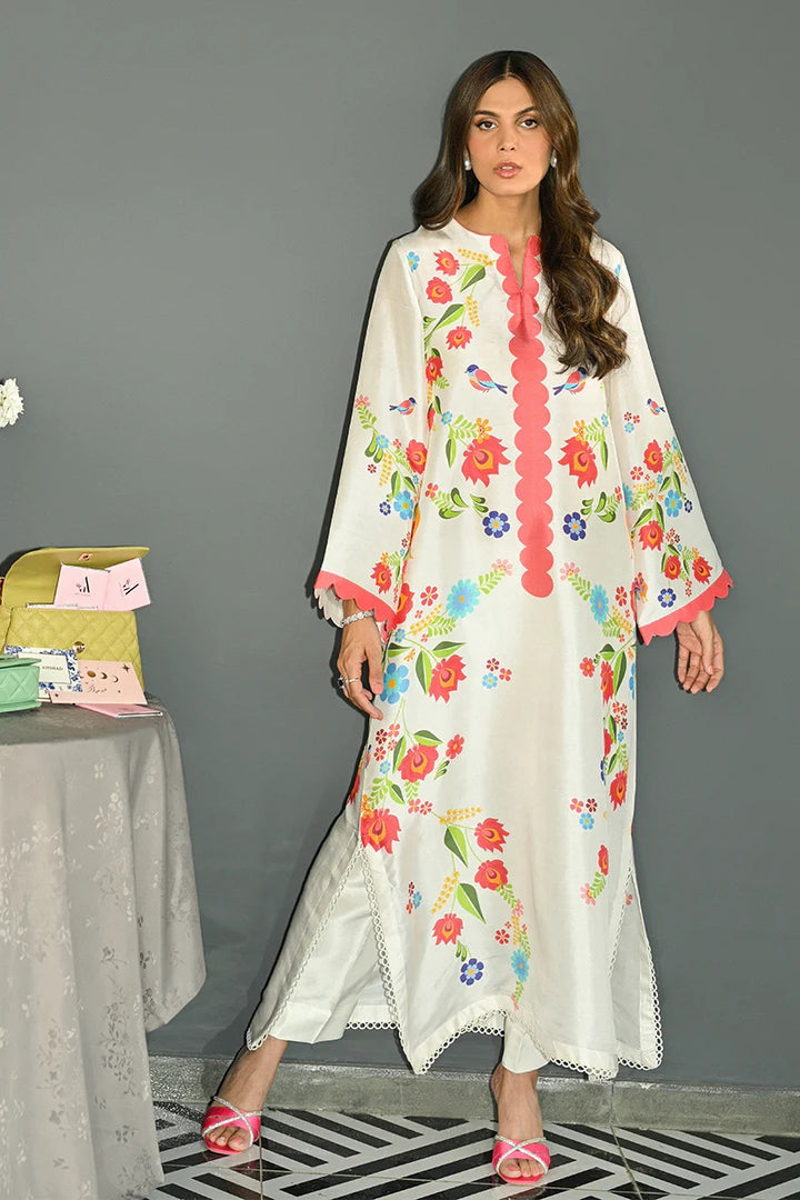 Women's White Cotton Satin Blend Floral Print Kaftan Set