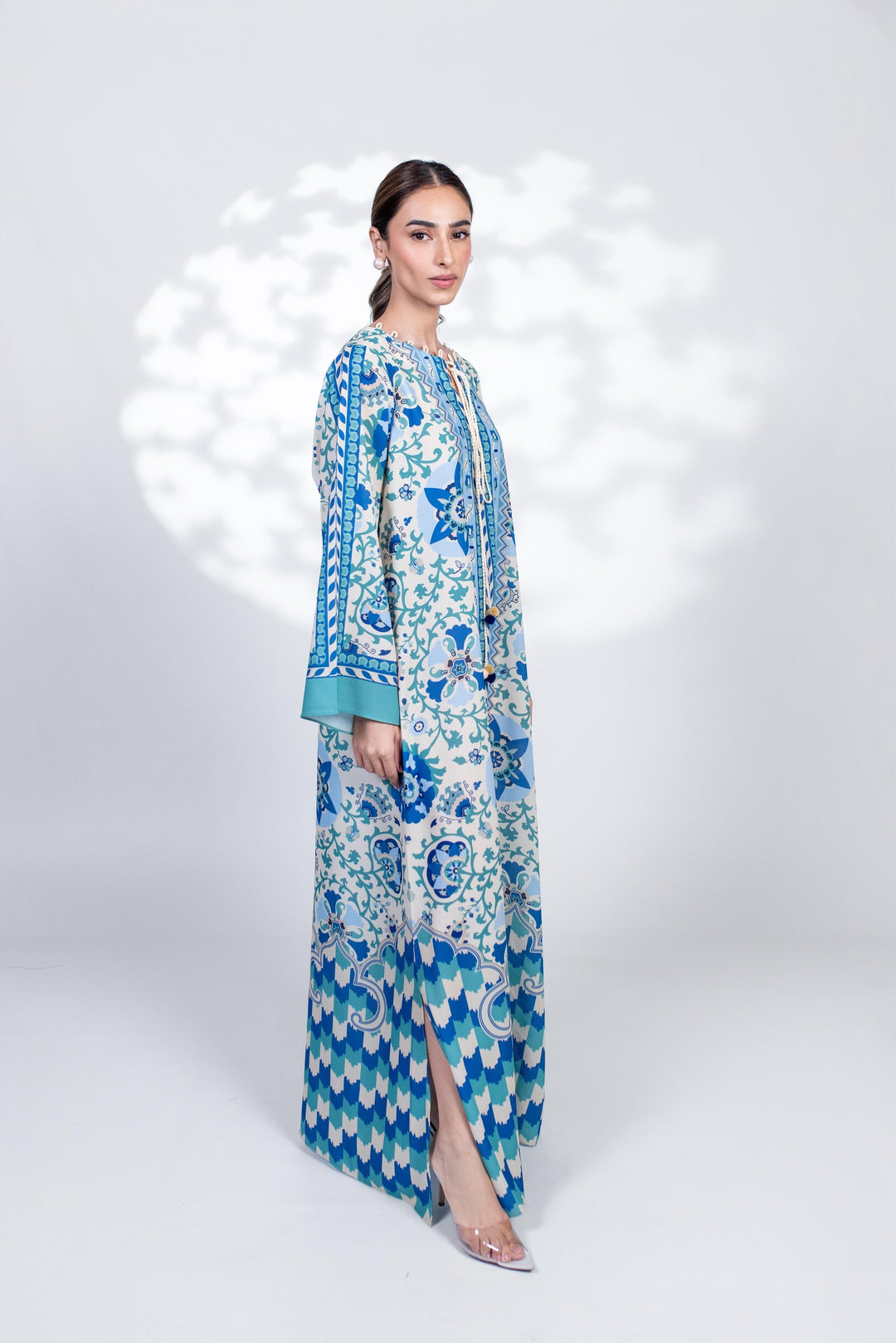 Women's Blue Crepe Floral Print Kaftan