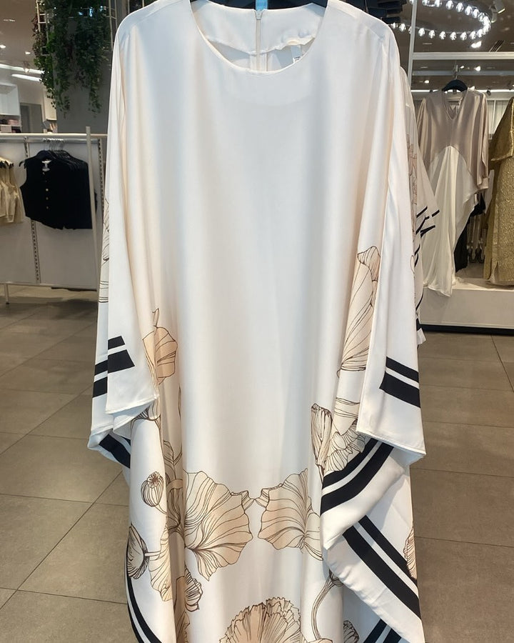 Women's White Double Georgette Floral Print Kaftan