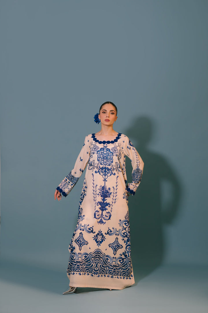 Women's Cream Cotton Floral Print Kaftan Set