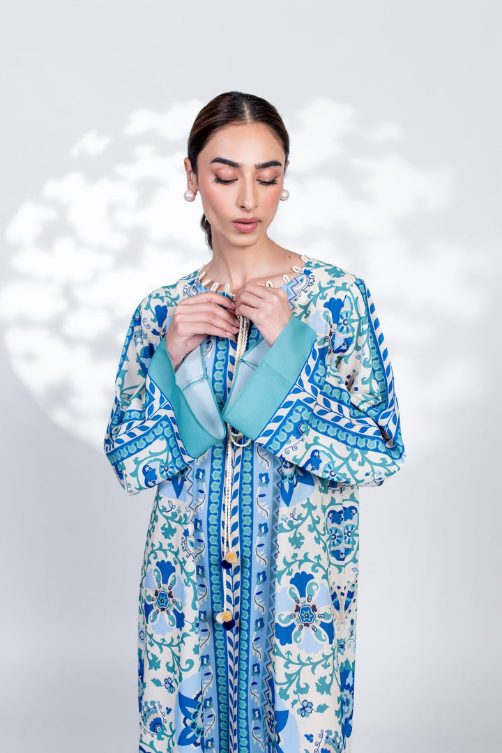 Women's Blue Crepe Floral Print Kaftan