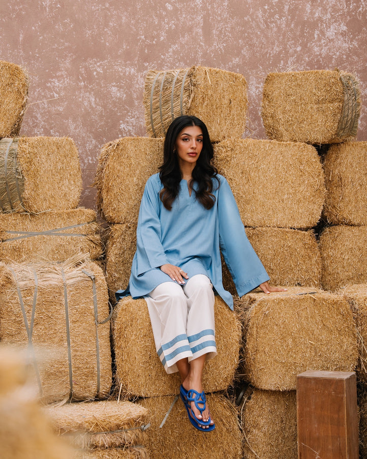 Women's Blue Silk Plain Tunic Set