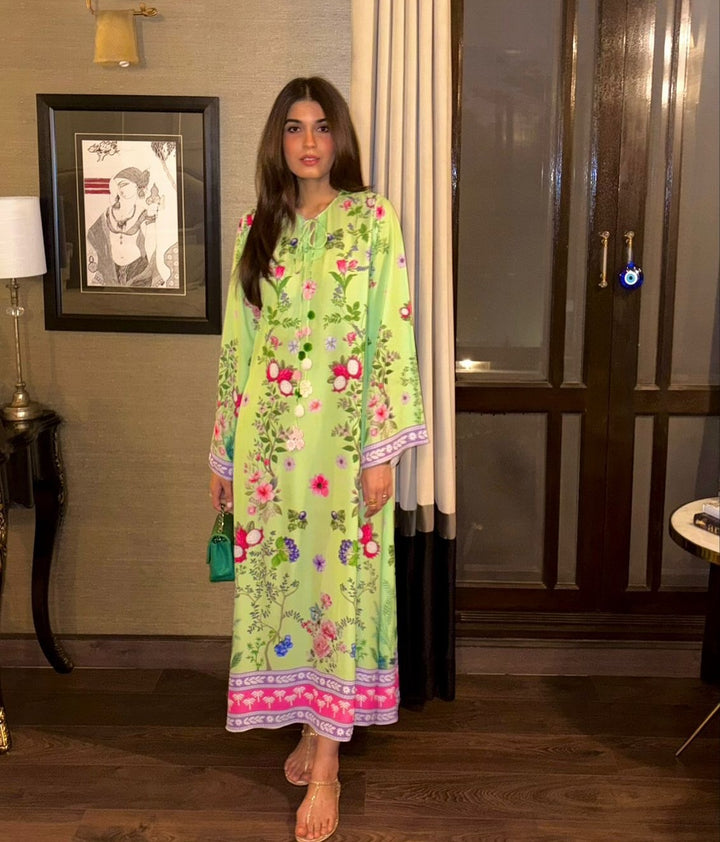 Women's Green Median Silk Crepe Floral Print Kaftan