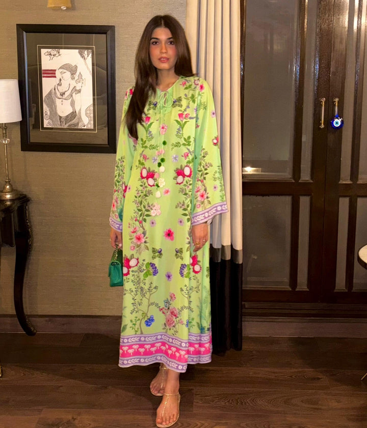 Women's Green Median Silk Crepe Floral Print Kaftan