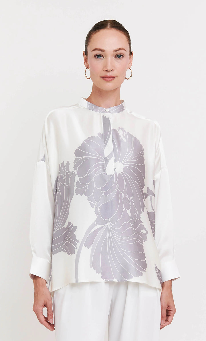 Women's White Roman Silk Blend Floral Print Top - BlackBeads