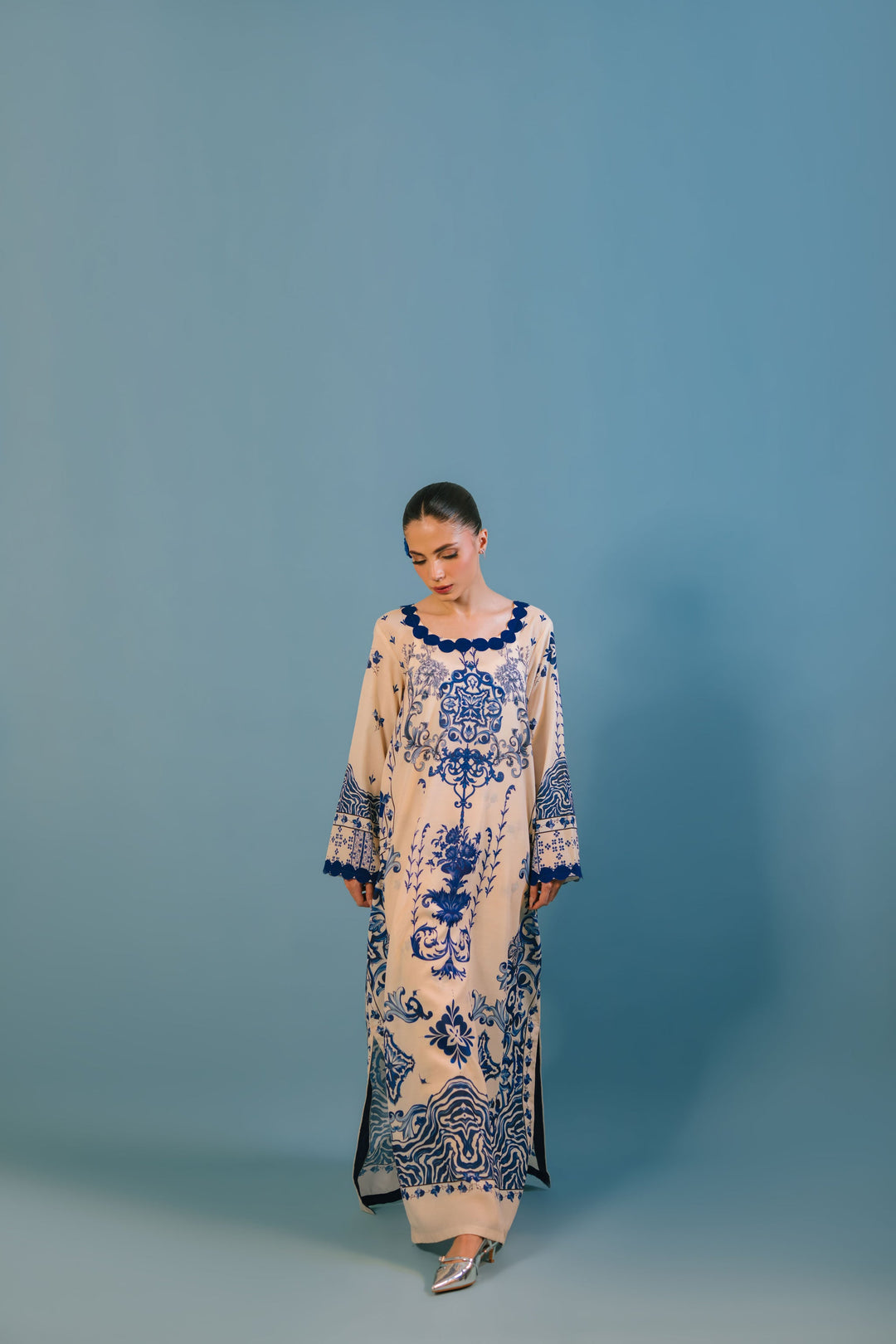 Women's Cream Cotton Floral Print Kaftan Set