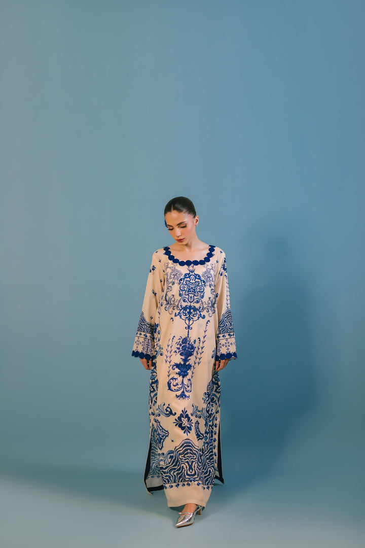 Women's Cream Cotton Floral Print Kaftan Set