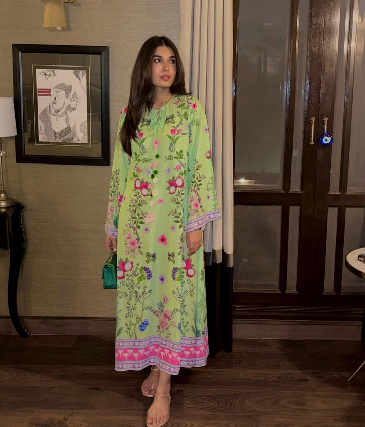 Women's Green Median Silk Crepe Floral Print Kaftan