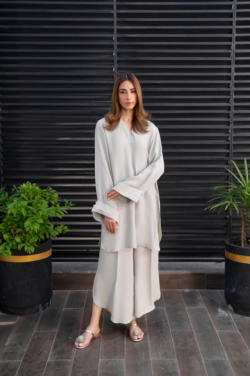 Women's Off White Soft BSY Crepe Plane Co-Ord Sets - BlackBeads