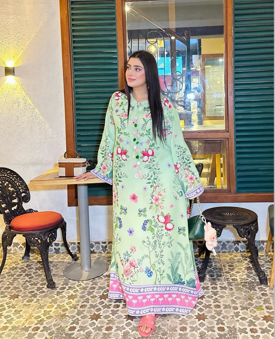 Women's Green Median Silk Crepe Floral Print Kaftan