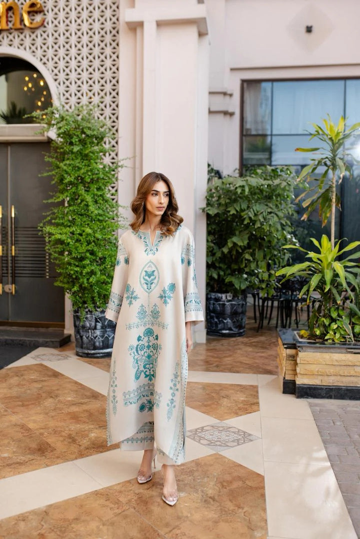 Women's Cream Cotton Satin Blend Floral Print Kaftan Set
