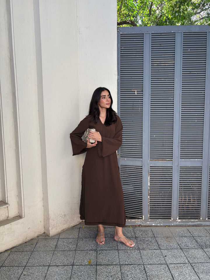 Women's Brown Wrinkle Free Premium Crush Crepe Fringe Detailing Co-Ord Set