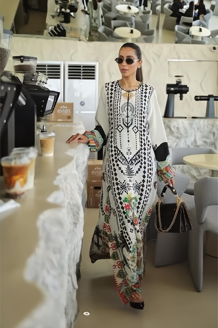 Women's White Crepe Floral Print Kaftan