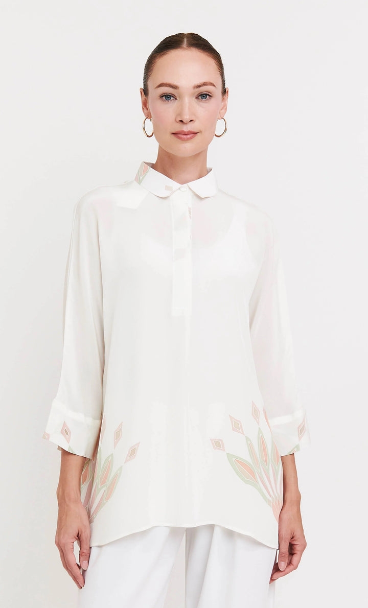 Women's White Roman Silk Blend Printed Top - BlackBeads