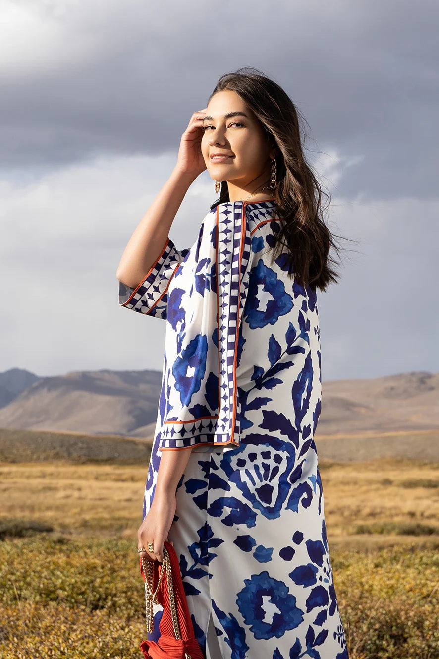 Women's White Premium Matty Floral Print Kaftan Set