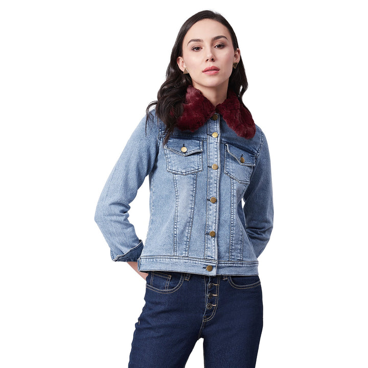 Women's Distressed Denim Jacket with Detachable Maroon Fur Collar StyleStone