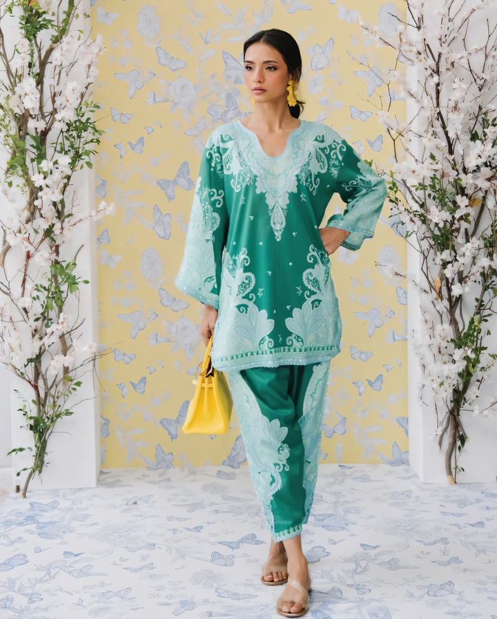 Women's Sea Green Crepe Lace Work Co-Ord Set