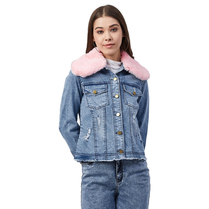 Women's Distressed Denim Jacket with Detachable Pink Fur Collar - StyleStone
