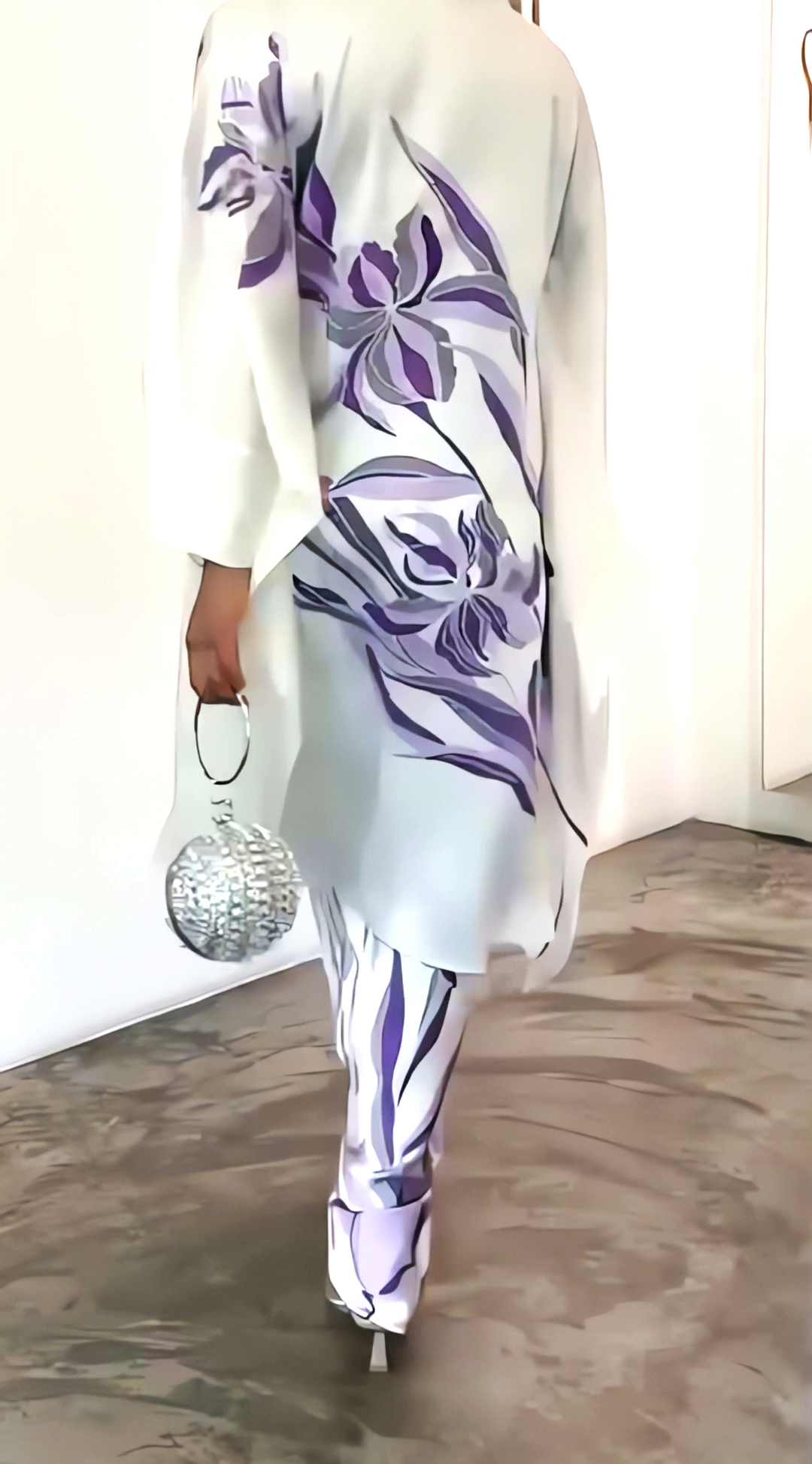 Women's White Satin Silk Floral Print Kaftan Set