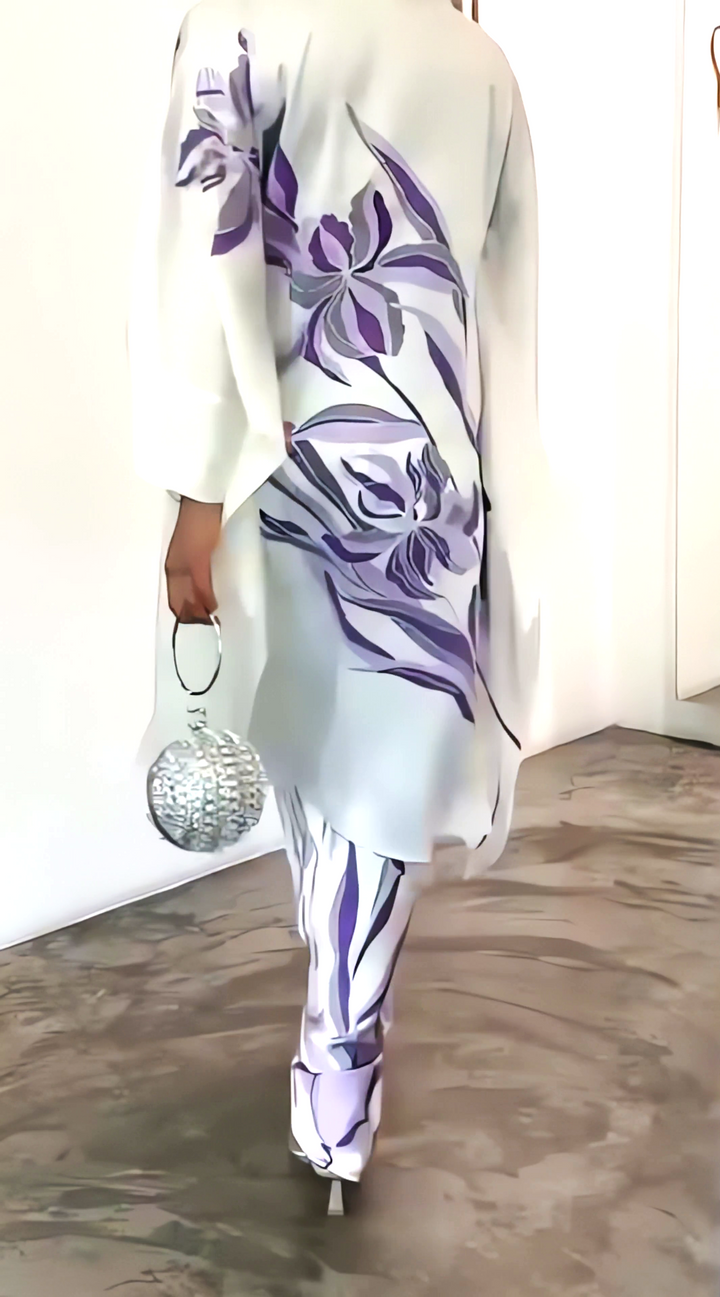 Women's White Satin Silk Floral Print Kaftan Set