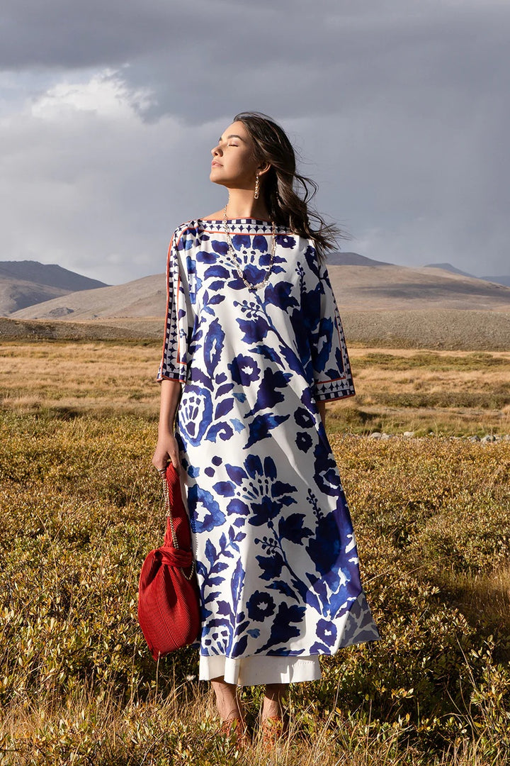 Women's White Premium Matty Floral Print Kaftan Set