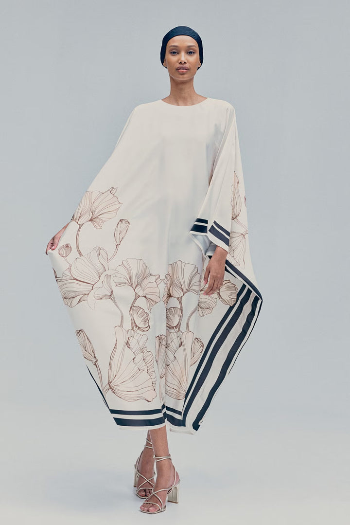 Women's White Heavy Cotton Blend Floral Print Kaftan