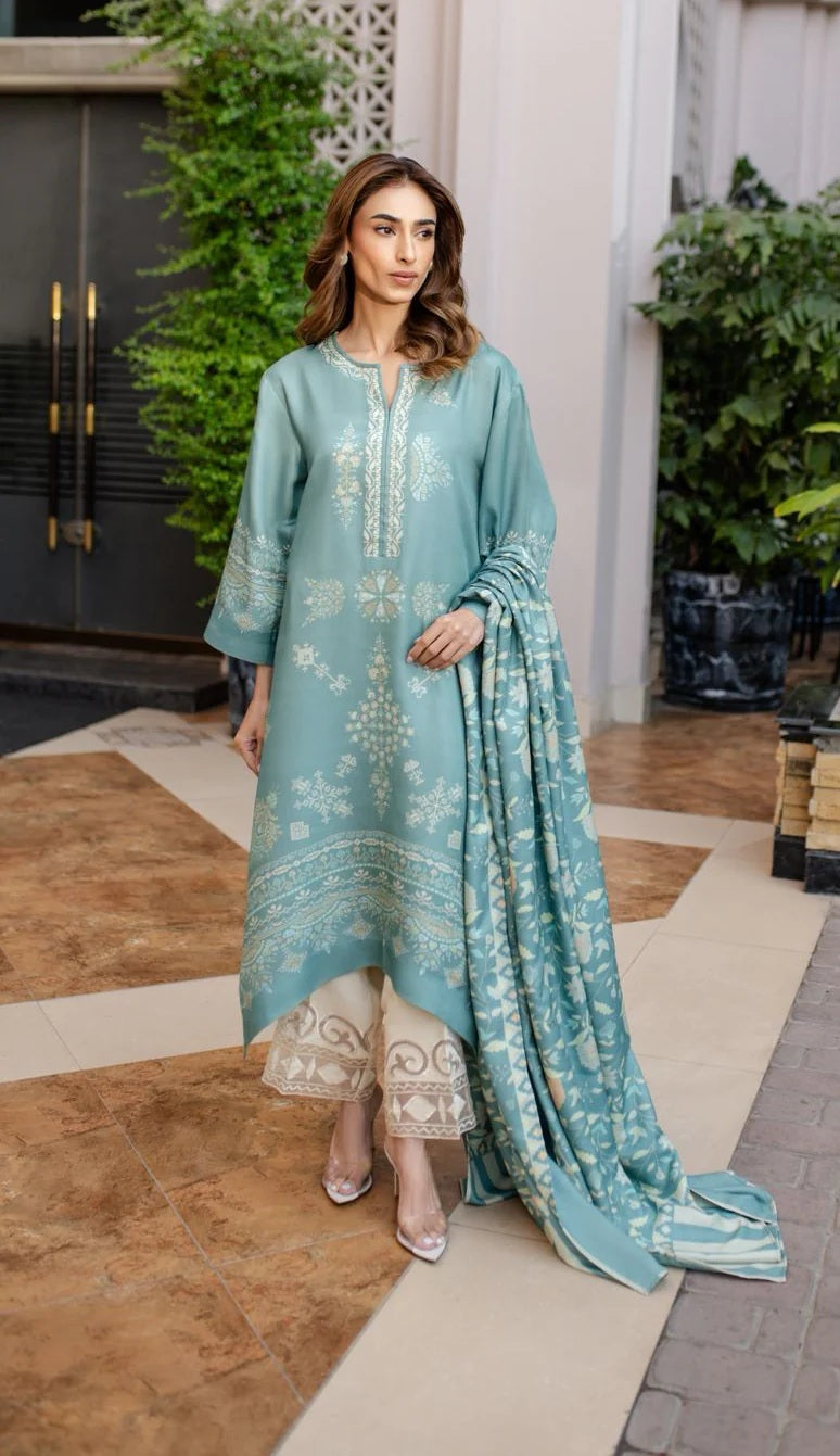 Women's Turquoise Cotton Satin Blend
Mint Silk Scarf Floral Print Kaftan Set