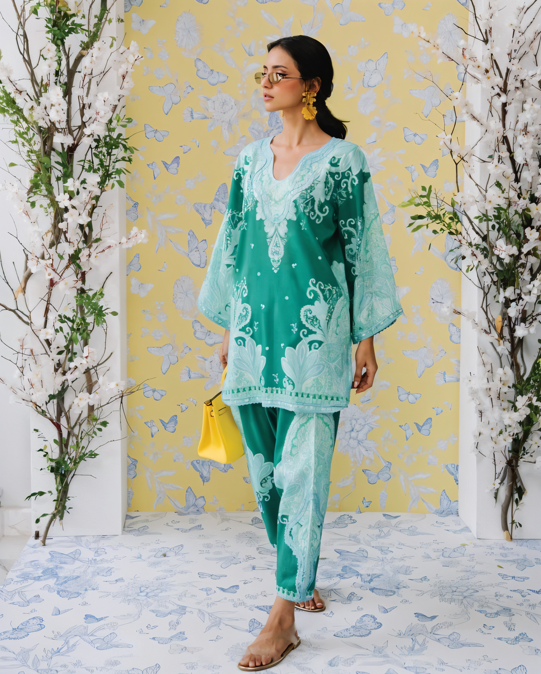 Women's Sea Green Crepe Lace Work Co-Ord Set