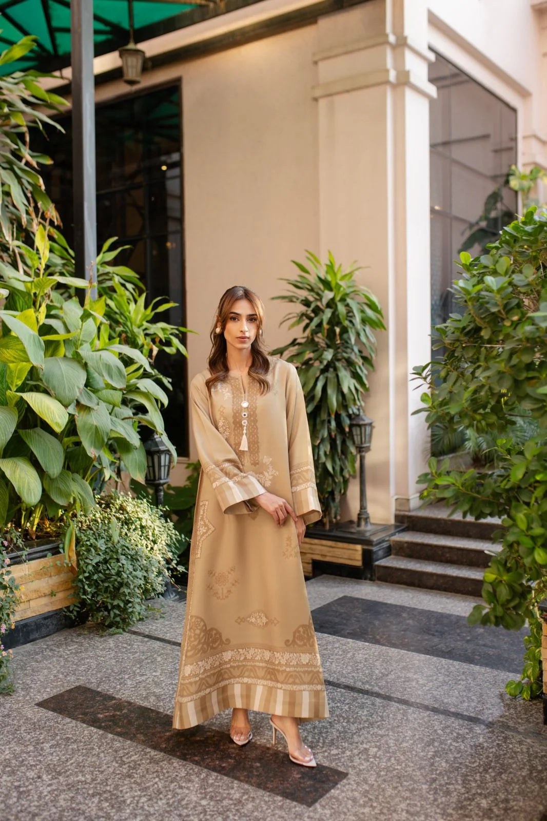 Women's Light Brown Soft Cotton Satin Blend Floral Print Kaftan